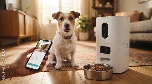 Pet owner using a smartphone to control a smart automatic pet feeder for a waiting dog.