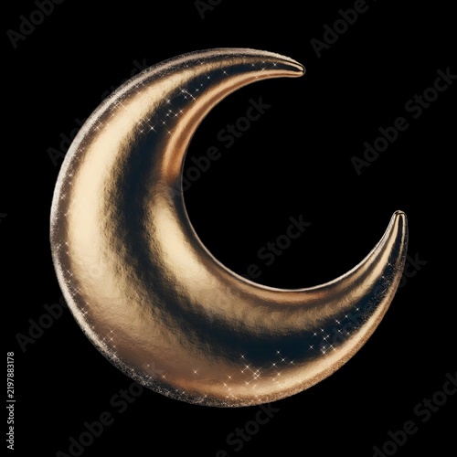 Shiny metallic gold crescent moon icon on black background