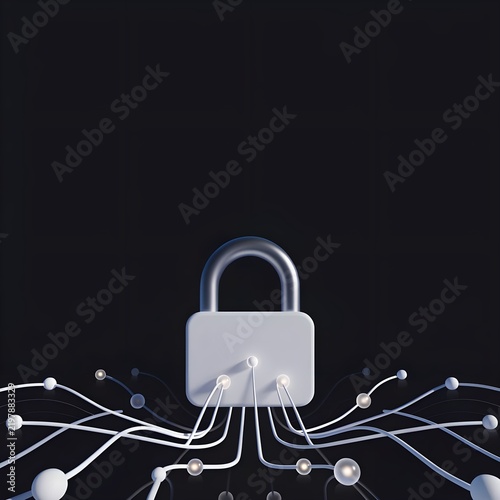 Digital security padlock icon with connection lines