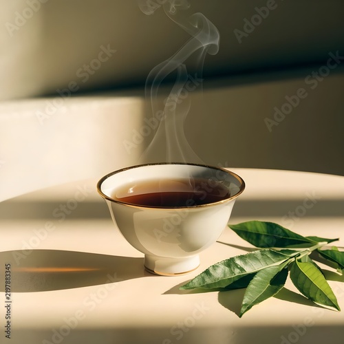 A cup of green tea with fresh leaves on a wooden table