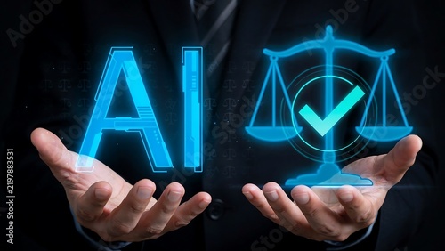 Artificial intelligence scales of justice concept with digital blue AI lettering in hands