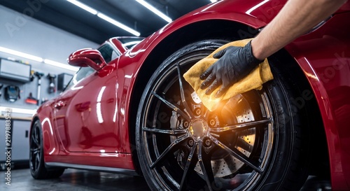 A technician wearing black gloves cleans the glossy rim of a red luxury sports car with person wearing protective yellow microfiber cloth car inside workshop