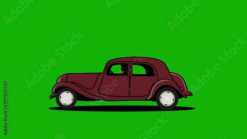 2d animation of classic 50s car side view isolated green screen