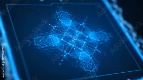 Abstract blue digital network structure glowing while data flows connecting complex geometric shapes in a futuristic concept