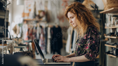 realistic small business photography of an independent shop owner using an AI assistant on a laptop to help manage everyday business tasks, modest workspace beside retail inventory,