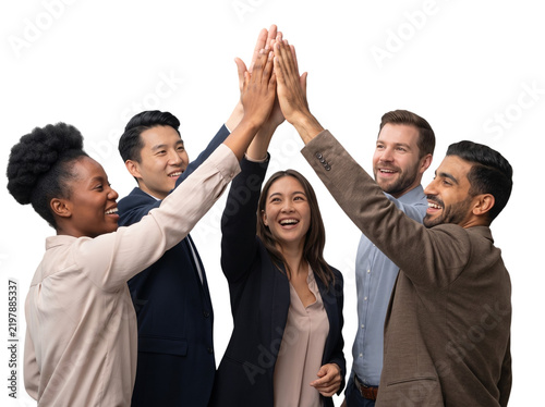 Group of five diverse business team celebrating success with high five