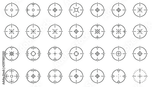 Comprehensive collection of twenty-eight diverse target reticles and aim crosshairs on a white background.