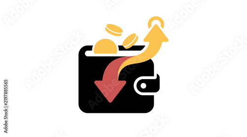 Wallet icon with incoming and outgoing arrows and coins representing cash flow, personal budget, income and expenses