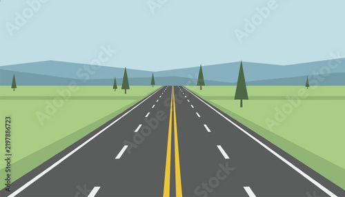 Straight empty asphalt highway with yellow and white road markings disappearing into the distant mountain landscape.
