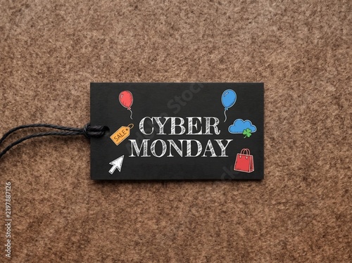 Cyber Monday Sale Gift Tag with Chalkboard Design, Shopping Bag, Sale Label and Colorful Balloons on Rustic Brown Background for Holiday Ecommerce Promotion