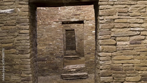 Cinematic interior shot of Pueblo Bonito at Chaco Culture National Historic Park in New Mexico, USA