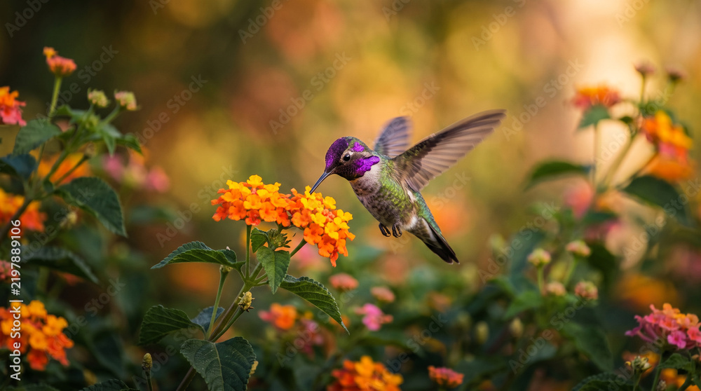 Obraz premium Hummingbird feeding on vibrant orange flowers in soft focus garden