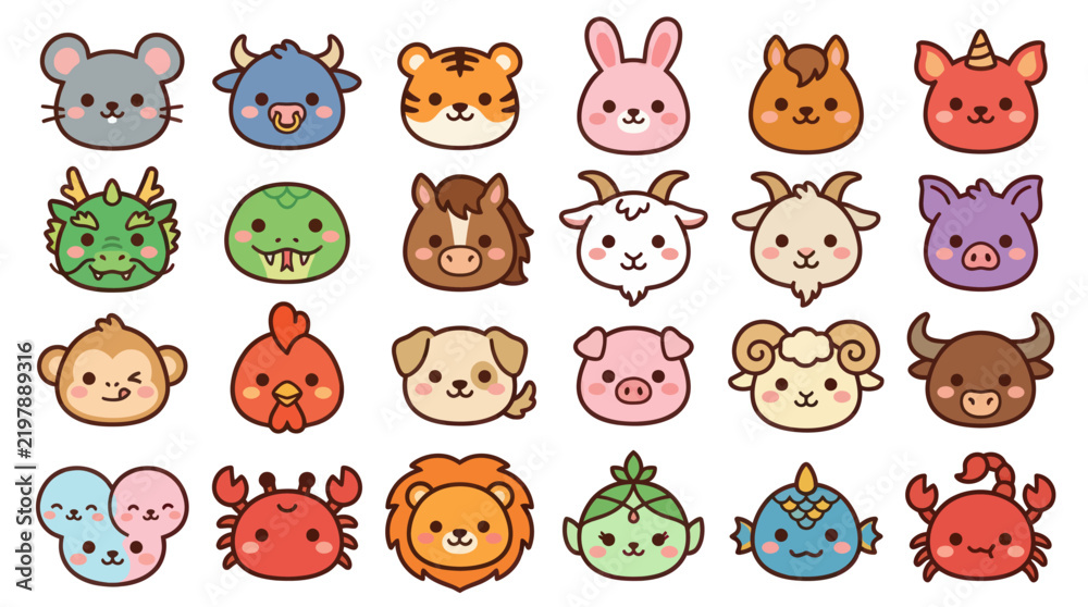 Fototapeta premium Cute animal faces collection