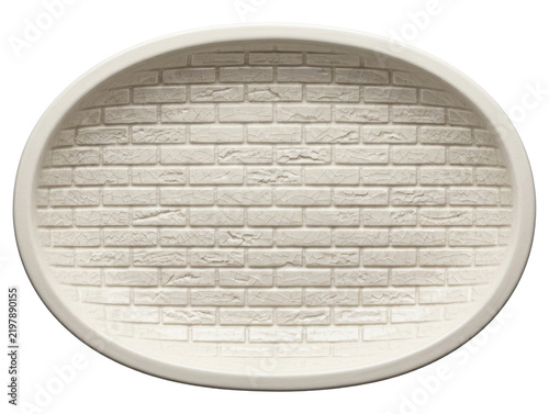 Decorative white oval frame with textured brick wall isolated transparent background