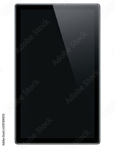 Modern black digital tablet screen with glass reflection isolated on transparent