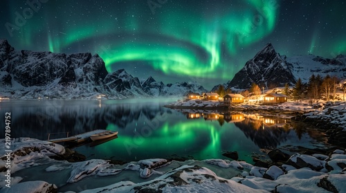 Vibrant northern lights reflected in a peaceful mountain lake at night, spectacular aurora borealis landscape for travel and nature themes
