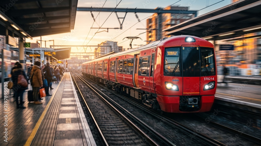 Fototapeta premium Red commuter train arriving at a modern railway station during golden hour, urban public transportation and travel concept