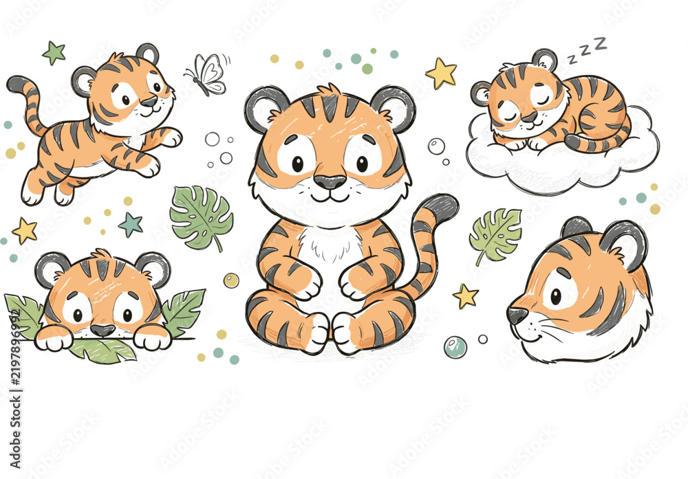 Obraz premium Cute Cartoon Baby Tiger Character Vector Clipart Bundle with Little Cubs Sleeping on Cloud Playing and Peeking from Tropical Leaves for Kids Nursery Sticker Designs