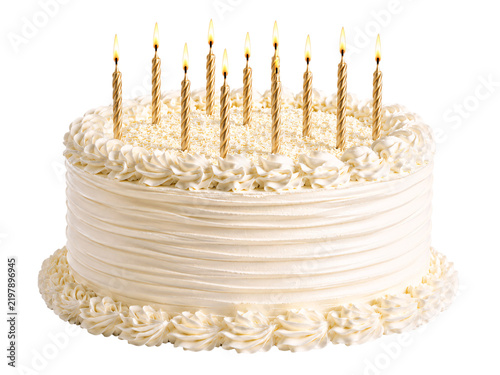 Obraz na płótnie White frosted birthday cake with ten lit candles and ruffled solated on transpar