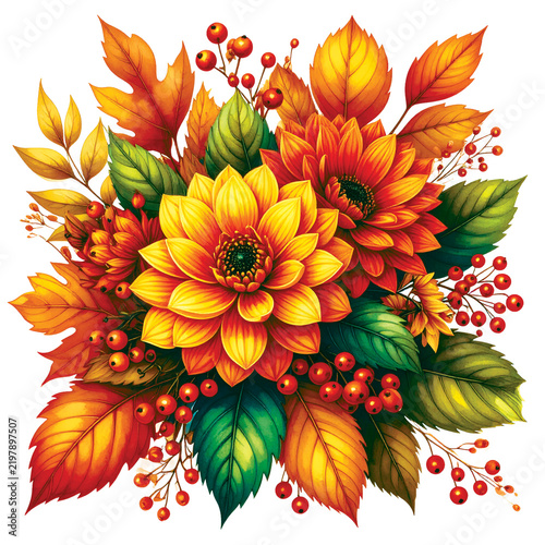 Autumn Floral Bouquet with Orange Flowers and Berries Isolated Object, Pure White Background