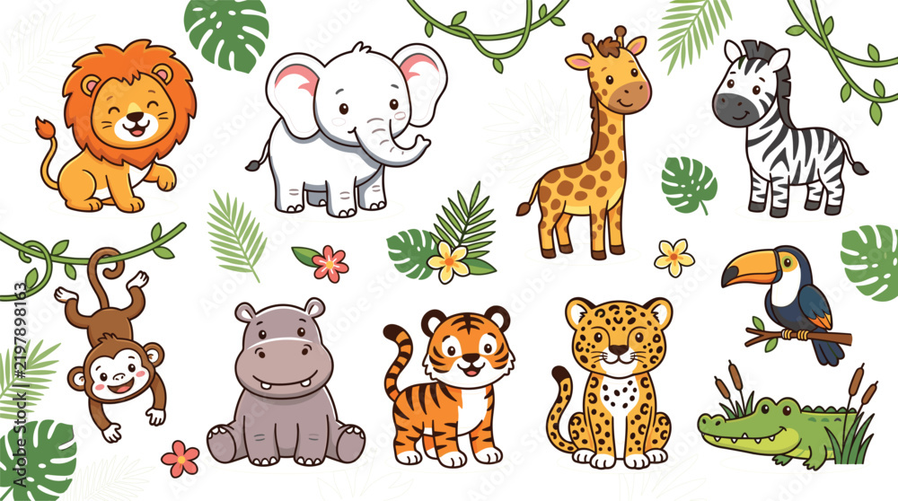 Obraz premium Cute Cartoon Safari and Jungle Animal Vector Clipart Collection Featuring Lion Elephant Giraffe Zebra Monkey Hippo Tiger Leopard Toucan and Crocodile for Kids Nursery Stickers 