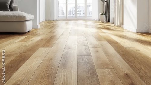 Modern living room with hardwood floors and large windows