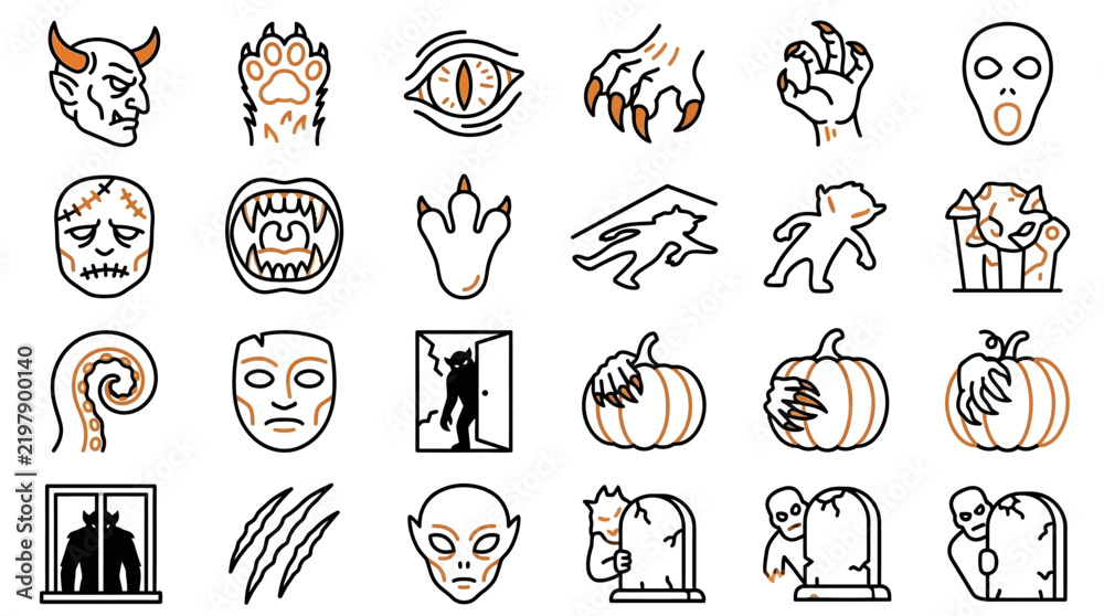 Fototapeta premium Halloween Monster Outline Vector Illustration Featuring a Spooky Cartoon Creature for Coloring Book Page, Isolated Line Art Design for Autumn Holiday Decorations and DIY Crafts.