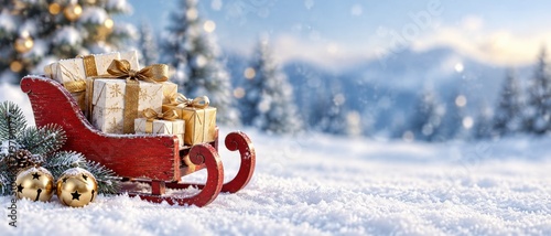 Red sleigh with gift boxes in snowy winter landscape