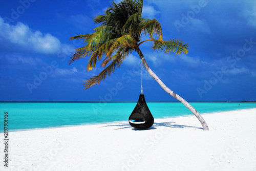 Fotografie Vacationer relaxing under palm tree on pristine white sand beach with turquoise
