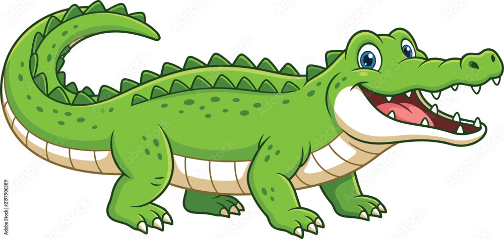 Obraz premium Cute Green Cartoon Alligator Character Vector Illustration Isolated on White Background for Kids Children Books Mascot and Education Designs