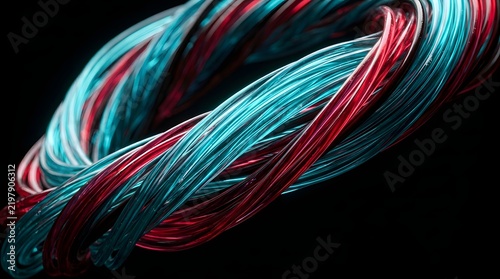 Close up of twisted red and blue wires on a black background.