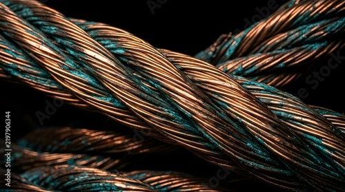 Close up of thick copper wire rope with patina and texture.