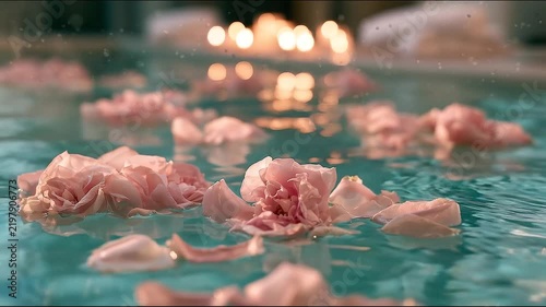 Pink Rose Petals Floating on Turquoise Spa Water with Warm Bokeh