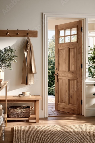 Sunlit entryway with open wooden door and beige