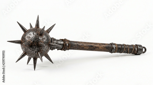 Antique medieval spiked mace with metal studs displayed against neutral background for historical weaponry reference