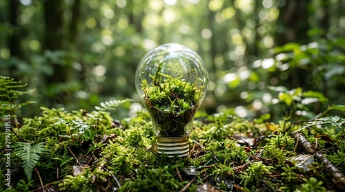 Glass light bulb containing a miniature moss ecosystem sitting on a forest floor with bokeh