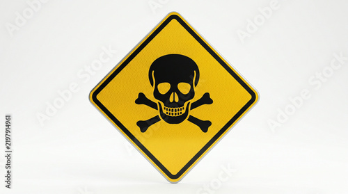 Biohazard warning sign featuring black skull and crossed bones on yellow diamond background