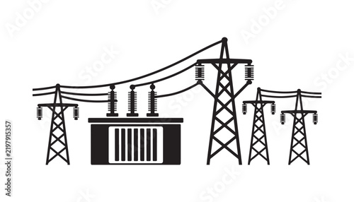 Electrical substation high voltage utility poles and transformer line art vector design for industry.