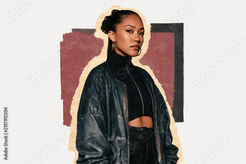 Confident Woman in Leather Jacket with Modern Art Collage Background
