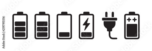 Battery icons with different charge levels including plug and lightning bolt for power status.