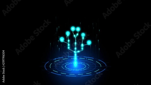 Digital tree growth hud animation, futuristic technology network concept, cyber data connection, artificial intelligence growth visualization