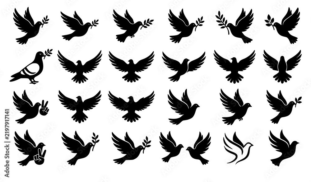 Fototapeta premium Flying Dove with Olive Branch Black Peace Symbol Vector Illustration Set
