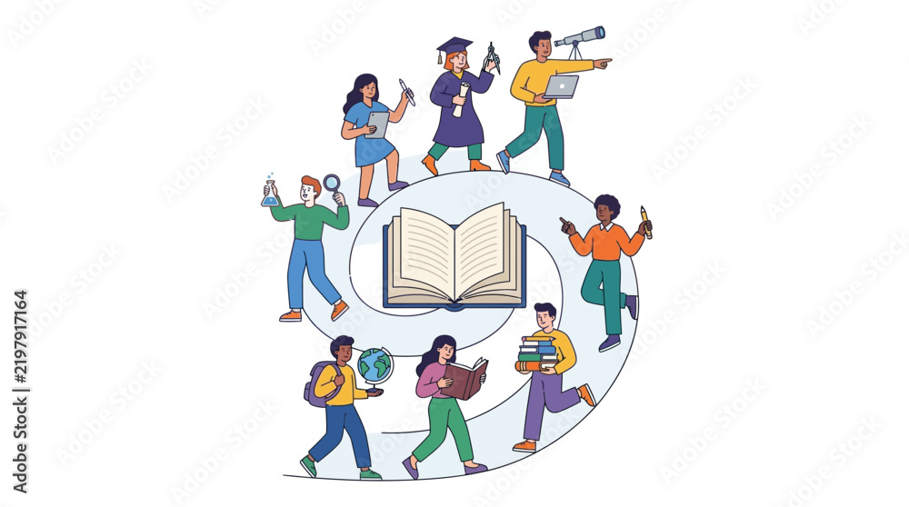 Fototapeta premium Diverse group of people in a spiral formation around an open book, symbolizing education, knowledge, and learning.