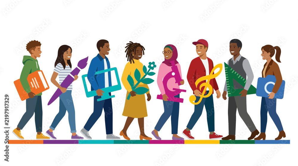 Fototapeta premium Diverse group of students walking with art, music, science, and education symbols, isolated on transparent background.