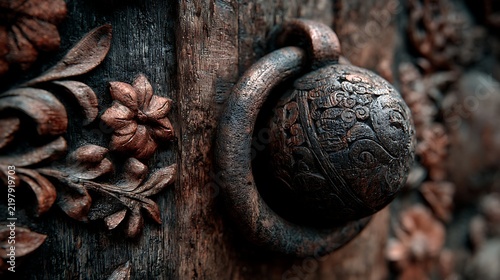 An old wooden door adorned with intricate carvings and a decorative lock, set against a blurred background.