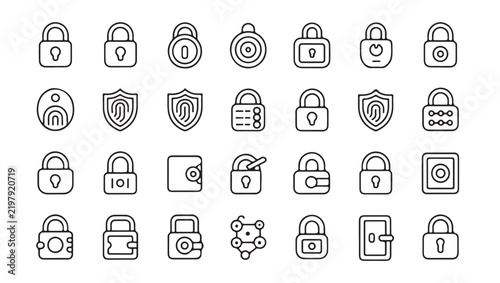 Digital Data Security Vector Design and Illustration Featuring Padlock Protection Safe Box Fingerprint Line Art Icon Set