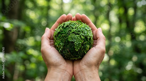 Close up of human hands holding a small moss covered globe in a blurred natural forest setting