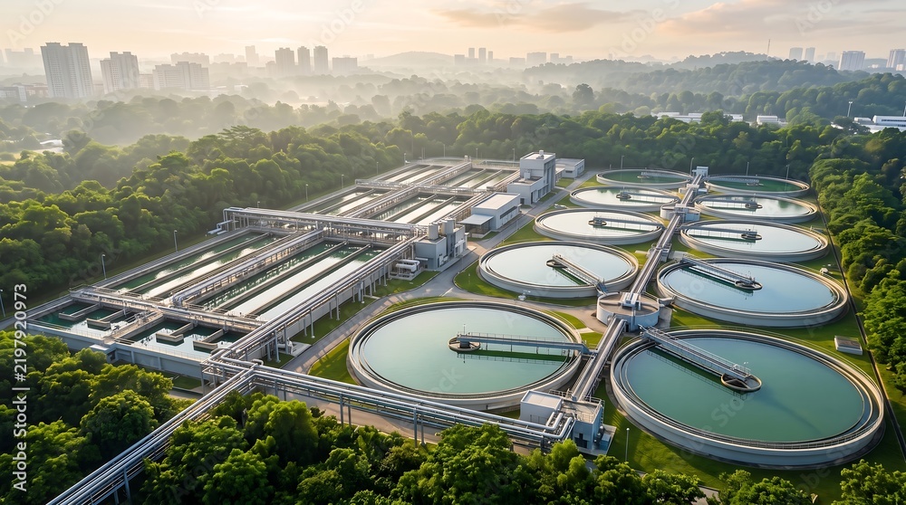 Obraz premium Aerial view of industrial water treatment plant with circular sedimentation tanks surrounded by lush green forest landscape during misty sunrise in sustainable urban infrastructure development
