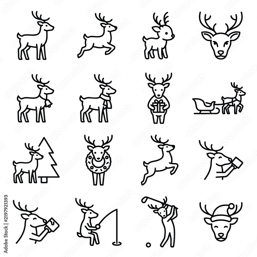 Fototapeta premium Cute reindeer vector icon set featuring cartoon deer in various poses, Christmas holiday activities, and winter designs in outline style