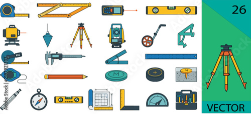 Bild auf Leinwand Set of 26 surveying measurement construction tools icons editable vector illustr